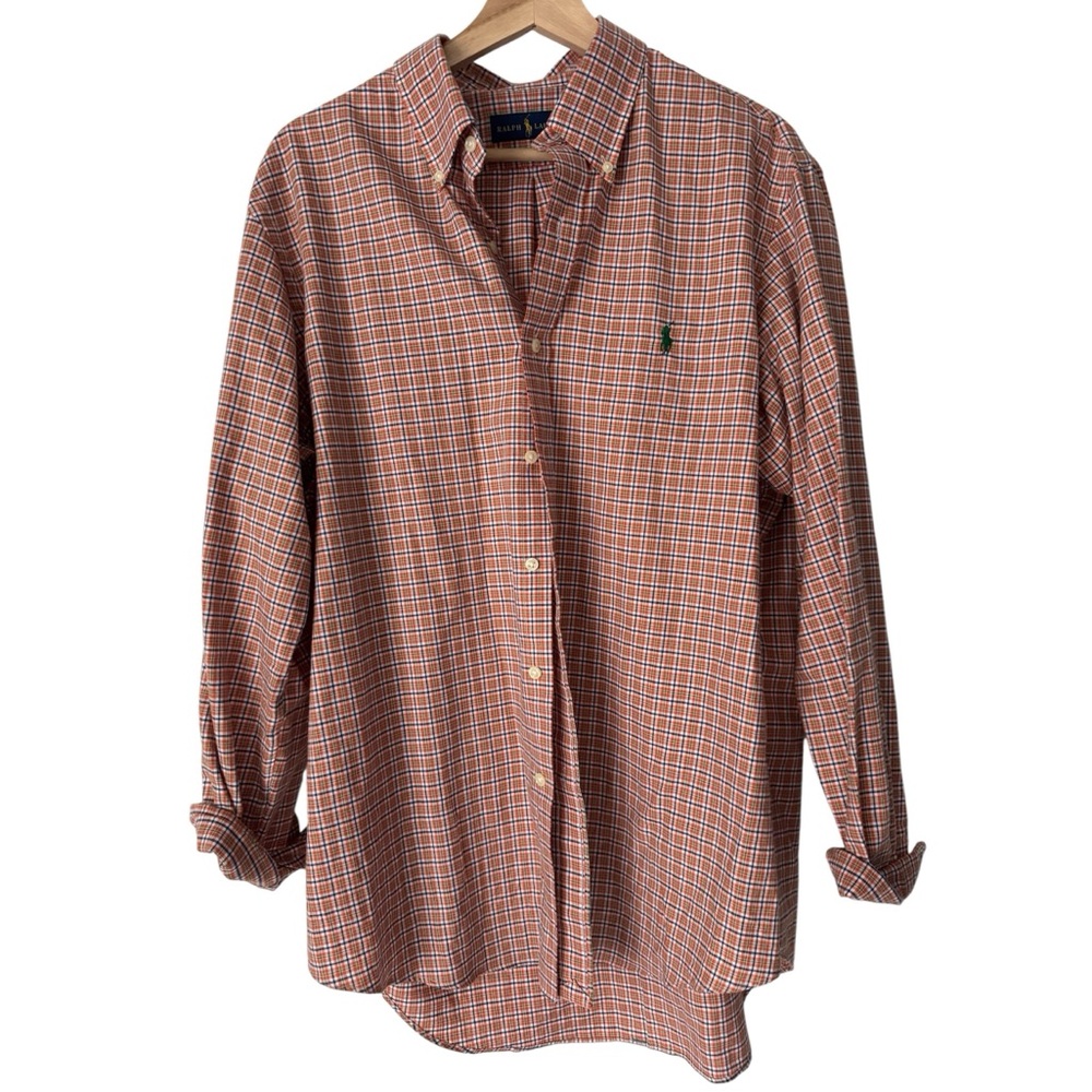 Ralph Lauren Classic Fit Lightweight Orange Plaid Casual Button Down Shirt | L